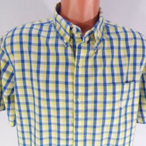 Chaps Easy Care Shirt Short Sleeve Mens Large Blue Yellow Cotton Blend Pocket